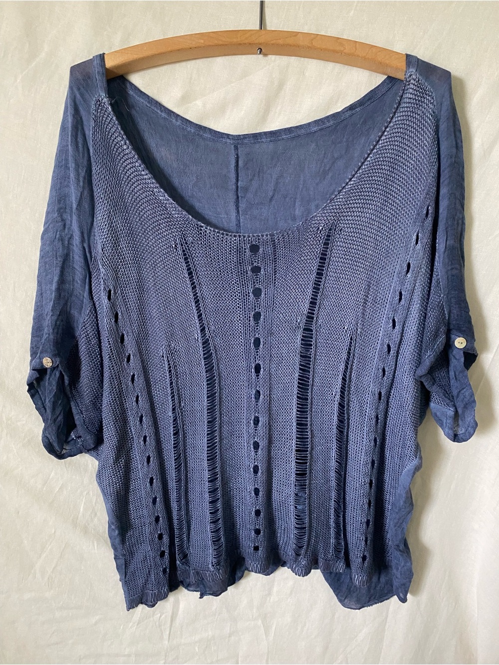 Women's Blue Open-Knit Scoop Neck Top with Intentional Distressing - Flowy